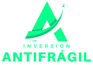 A bold, modern logo featuring a stylized green letter 'A' with a dynamic upward-curving arrow integrated into its right leg, symbolizing growth or progress; beneath the graphic, the text 'INVERSIÓN' appears in smaller uppercase letters, followed by 'ANTIFRÁGIL' in large, bold, uppercase green letters, all set against a solid black background for high contrast and visual impact.
